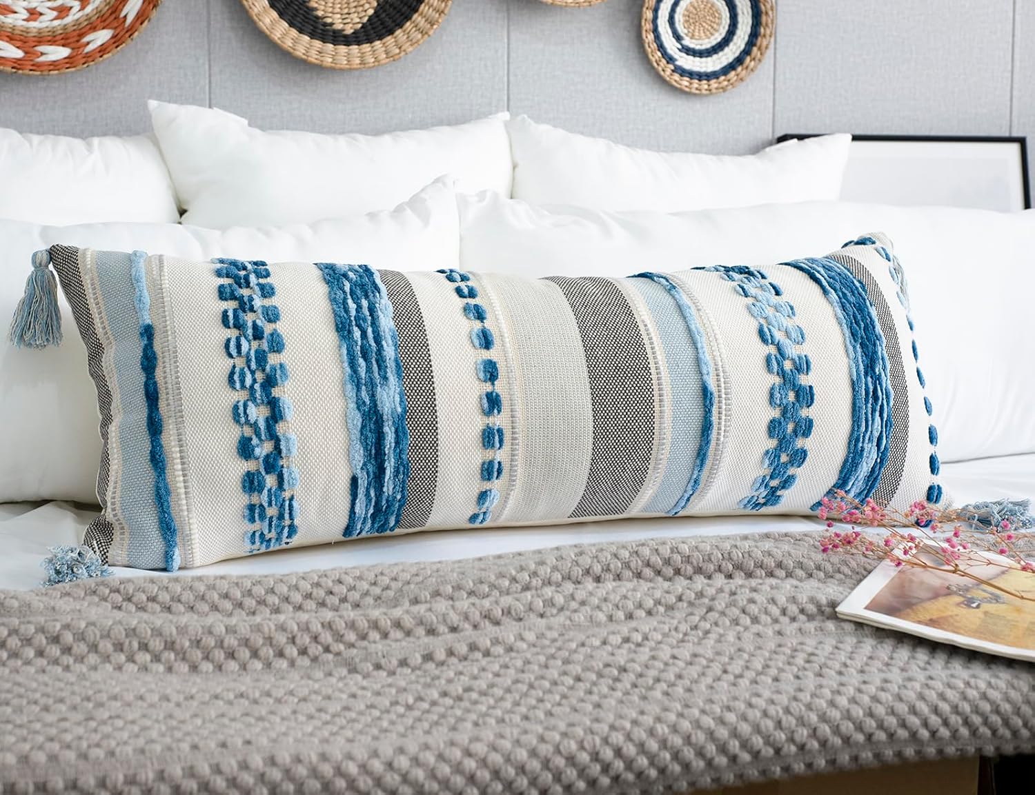 PANOD Boho Long Lumbar Throw Pillow Cover 16 x 36 Blue, Chenille Morocan Extra Long Pillow Case Cover, Decorative Long Pillow for Bed Couch Sofa Farmhouse