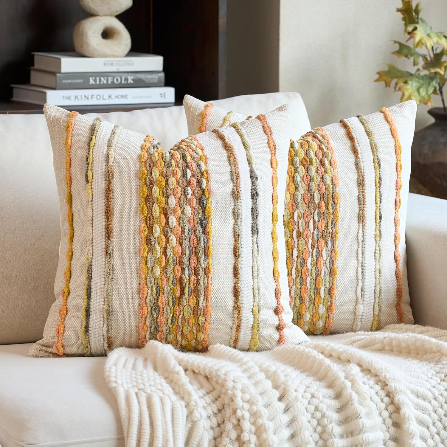 Aeckself Boho Pillow Covers 18x18 Inch Set of 2, Farmhouse Decorative Striped Square Chenille Tufted Accent Neutral Throw Pillow Covers for Living Room Couch Bed, Light Yellow