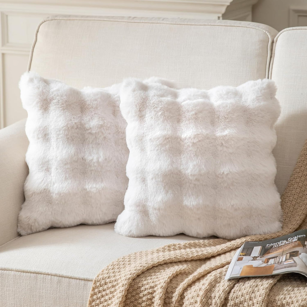 Pack of 2 Thick Plush Throw Pillow Covers Fluffy Wave Faux Fur Decorative Cushion Covers Soft Wool Pillowcase for Sofa Couch Livingroom 16x16 Inch White