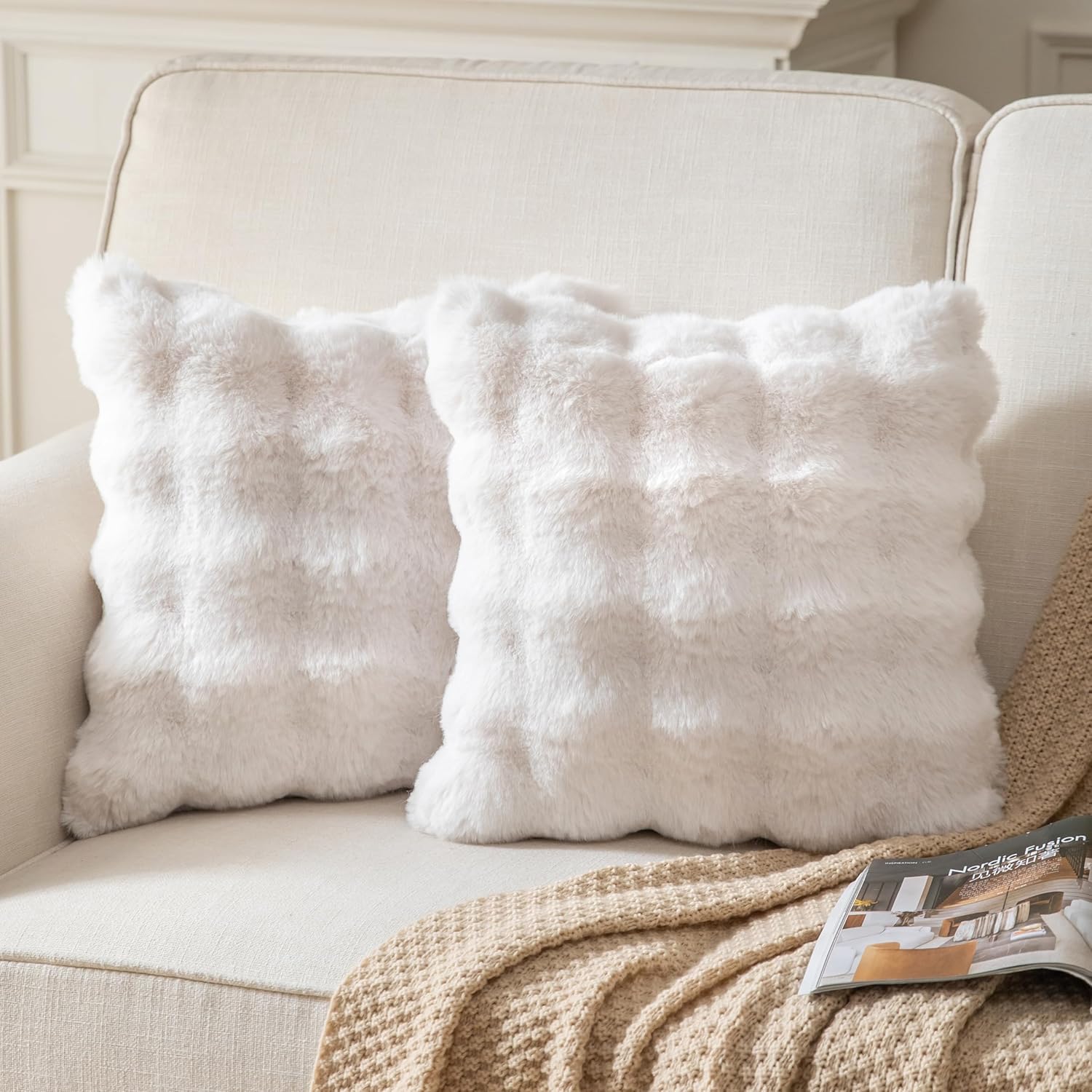 Pack of 2 Thick Plush Throw Pillow Covers Fluffy Wave Faux Fur Decorative Cushion Covers Soft Wool Pillowcase for Sofa Couch Livingroom 20x20 Inch White
