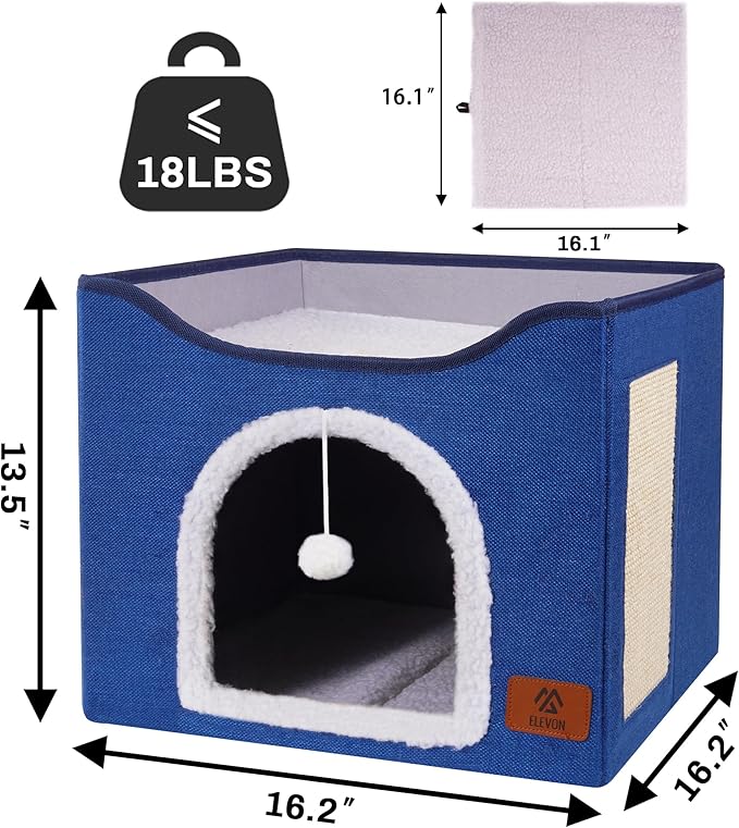 Cat Beds for Indoor Cats, Cat House Cat Cave Beds with Scratch Pad, Foldable Cat Condo Hut with Hanging Ball, Covered Cat Tent for Hideaway, Cute Cat Tunnel Bed for Small Pet Kitten Kitty(Blue)