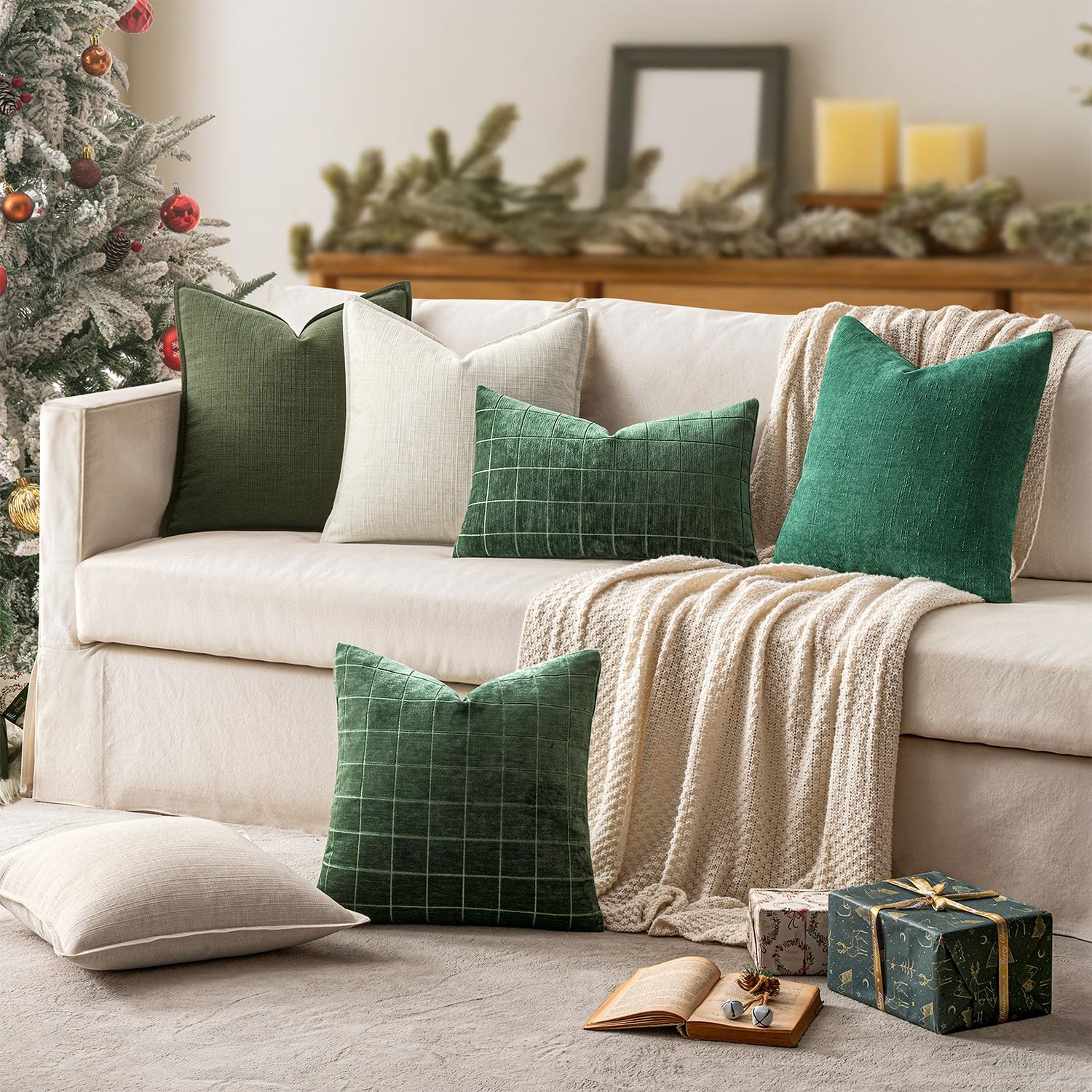 MIULEE Christmas Decorative Euro Sham Pillow Covers 24x24, 2 Pack Large Boho Farmhouse Neutral Throw Pillows for Bed, Thick Textured Modern Linen Cushion Cases Couch Living Room Home Decor, Dark Green