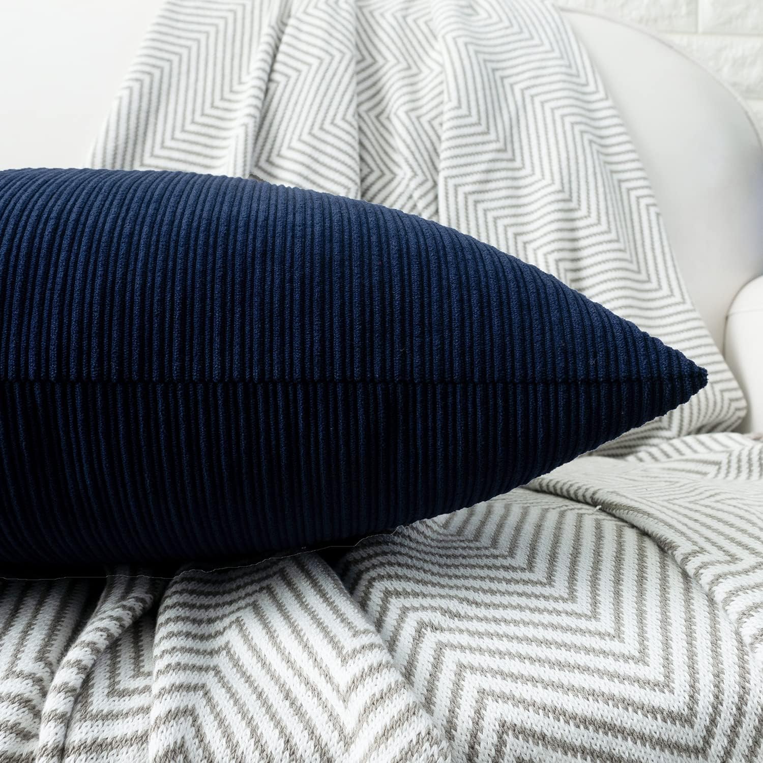 HWY 50 Navy Blue Chenille Throw Pillow Covers 18x18 Inch with Triple Buttons, Soft Farmhouse Accent Decorative Cushion Cases for Couch Sofa Bed Living Room Pack of 2