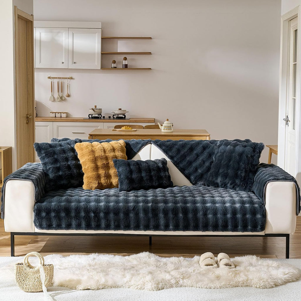 Faux Fur Decorative Throw Pillow Cover Plush Thick Bubble Pillow Covers Luxury Soft Cozy Accent Pillowcase for Spring Sofa Living Room Couch Bed (Dark Grey,12"x20")