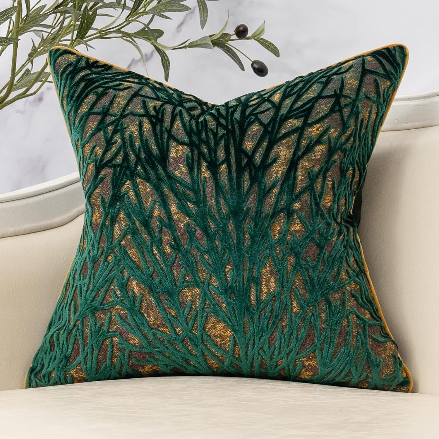 Yangest Green Twigs Throw Pillow Cover Branches Velvet Cushion Case Neutral Pillowcase for Sofa Couch Bedroom Living Room Home Decor,18x18 Inch