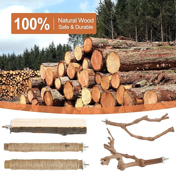 Bird Perch Stand, Pole Standing Natural Wood Bird Perch Set 5PCS Paw Grinding Fork Parrot Cage Branch with Rope for Macaw African Grey Amazon Pet Medium Birds Cage Accessories