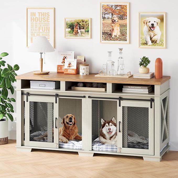 71" Dog Crate Furniture for 2 Dogs, Dog Kennel with 3 Storage Drawers & Removable Divider, Extra Large Double Dog Cage As TV Stand, Furniture Style Dog Crates with Sliding Barn Door, Light Oak/White