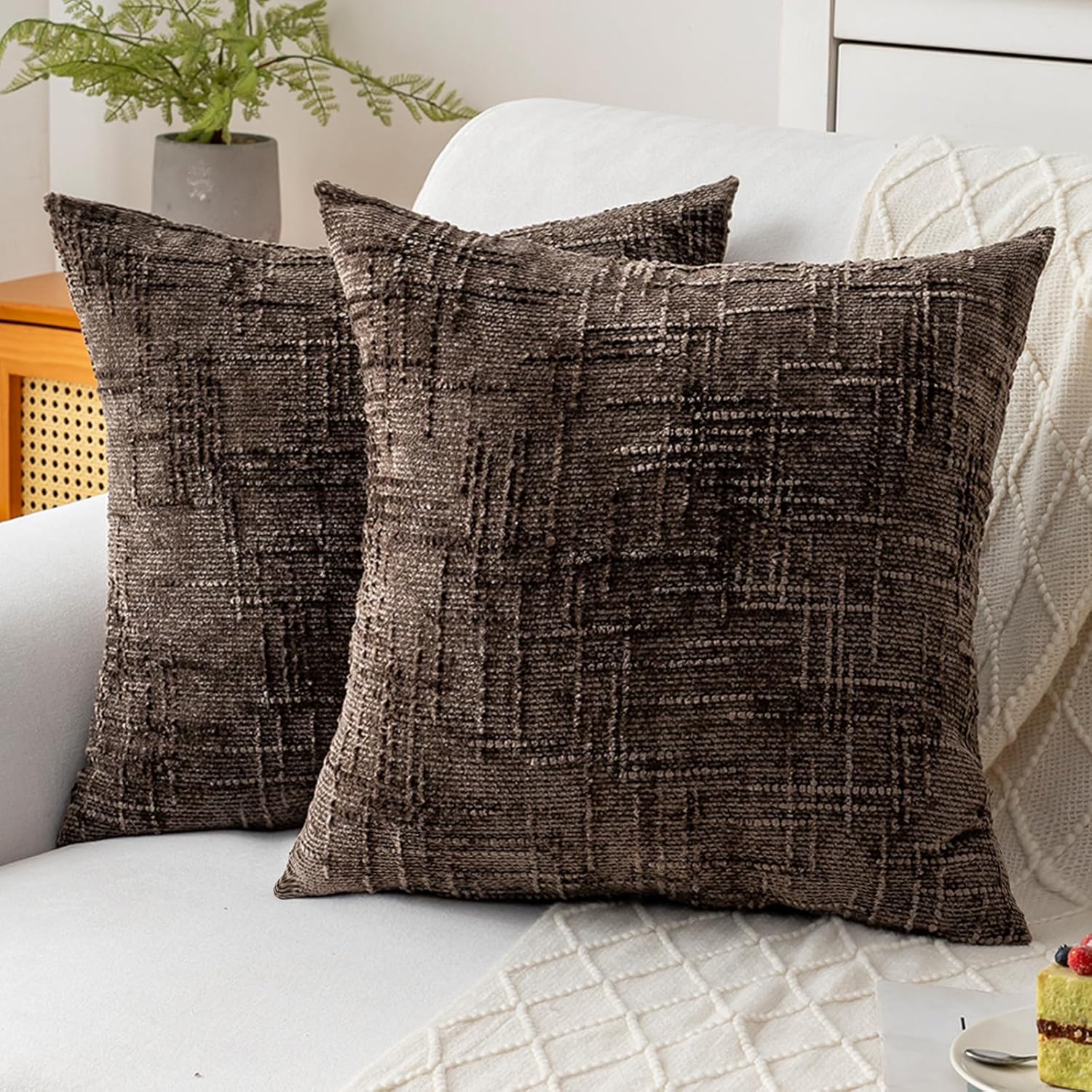 Decorative Throw Pillow Covers 18x18 Inch Set of 2, Soft Solid Farmhouse Chenille Couch Pillows, Spring Pillow Covers for Couch Sofa Bed Living Room Home Decor Pillowcase, Brown