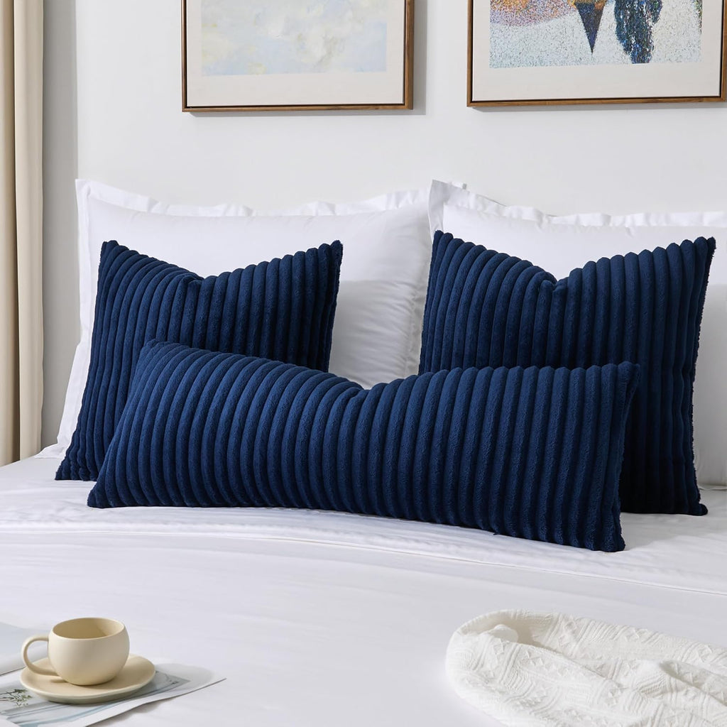 Kevin Textile Soft Plush 12x20 Inch Lumbar Pillow Cover 1 Pack, Luxury Fluffy Faux Fur Striped Flannel Rectangle Cushion Case for Couch Sofa Chair Bed Home Decor, Navy Blue