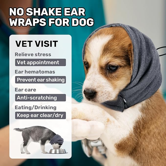 Dog Calming Hoodie, No Shake Ear Wraps for Dogs, Adjustable Dog Ear Muffs for Noise Protection, Ear Wrap Head Cover for Head Warp Anxiety Relief, Hematoma, Grooming and Force Drying