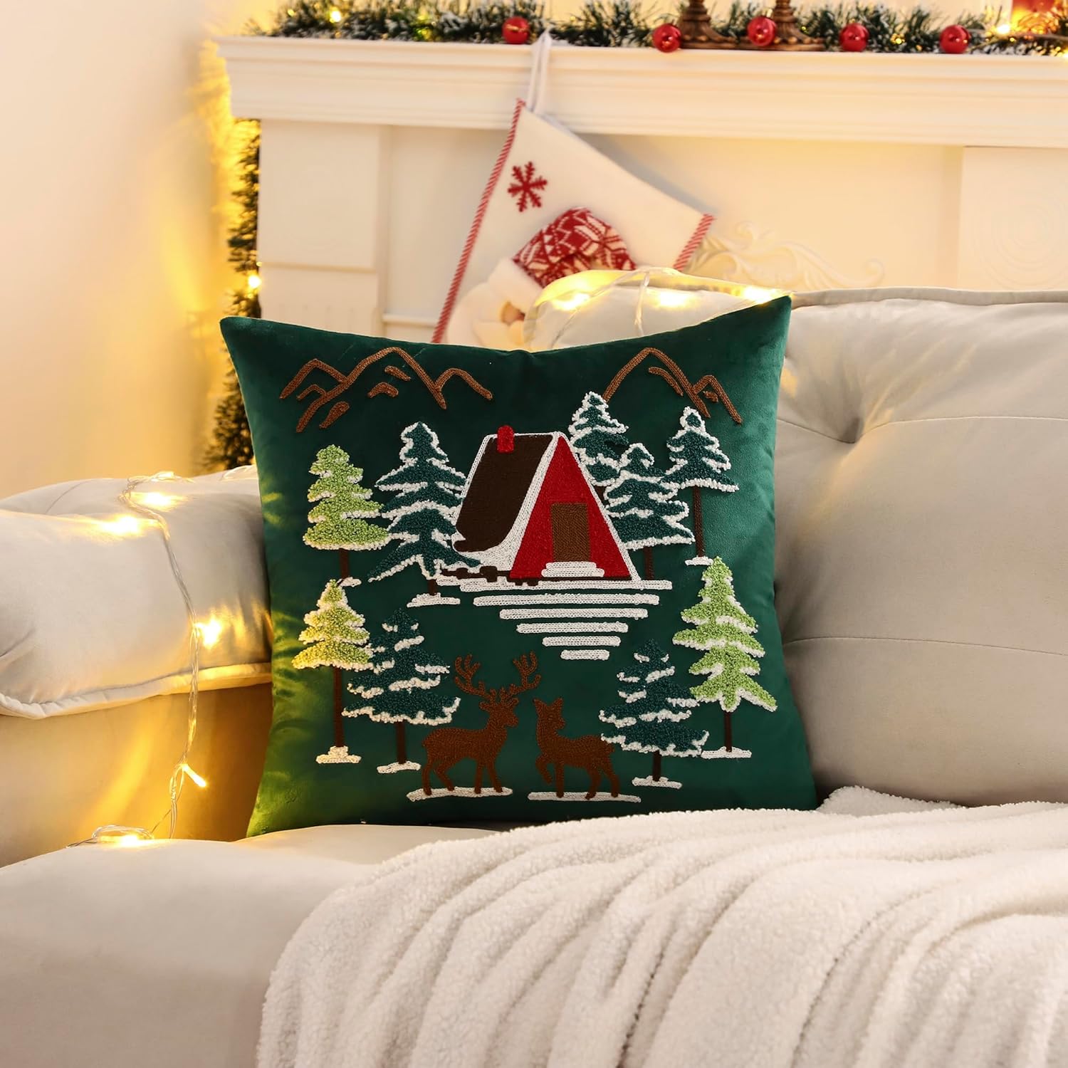 LUOYEHK Christmas Green Pillow Covers 18x18 Set of 2 House and Deer Decorative Pillow Cases Winter Holiday Velvet Embroidered Cushion Covers for Couch Sofa Bed