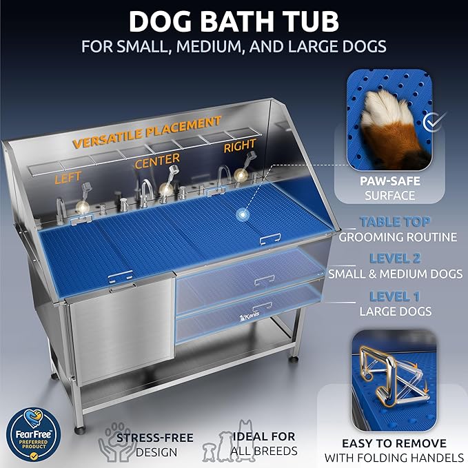 KANIS Professional Dog Washing Station - 304 Stainless Steel Pet Wash Sink & Grooming Bathtub w/Shower, Floor Grates and Storage for Large, Medium & Small Pets (61", Shelf - Left Ramp)