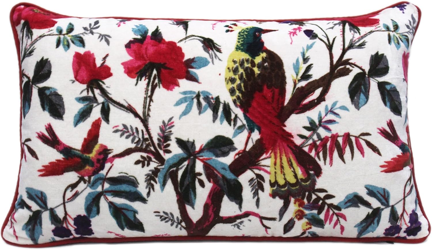 Eyes of India Velvet Floral Flower Bird Throw Pillow Sofa Cushion Cover Case Couch Colorful Boho Chic Bohemian Accent Indian Handmade (White, 20" x 12")