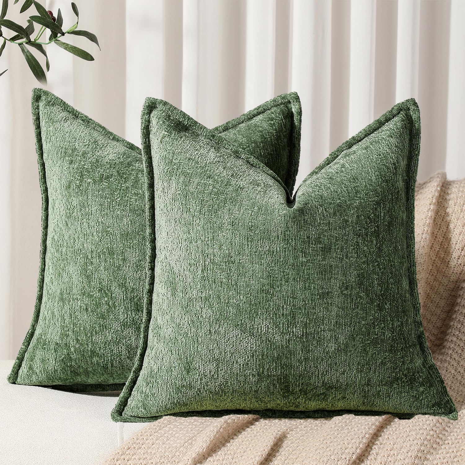 Pack of 2 Forest Green Christmas Decorative Throw Pillow Covers 24x24 Cozy Soft Chenille Accent Vintage Square Couch Pillow Covers for Home Decor Bed Sofa Living Room