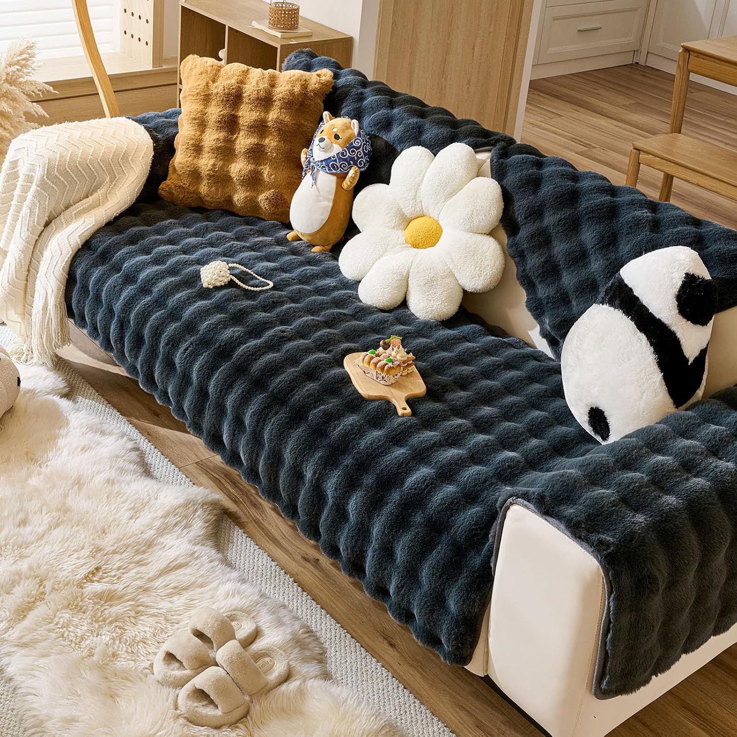 Faux Fur Couch Cover Fuzzy Soft Plush Thick Bubble Sofa Cover Luxury Sectional Couch Covers Luxury Anti-Slip Sofa Slipcover Washable Furniture Protector (Dark Grey,36"x70")