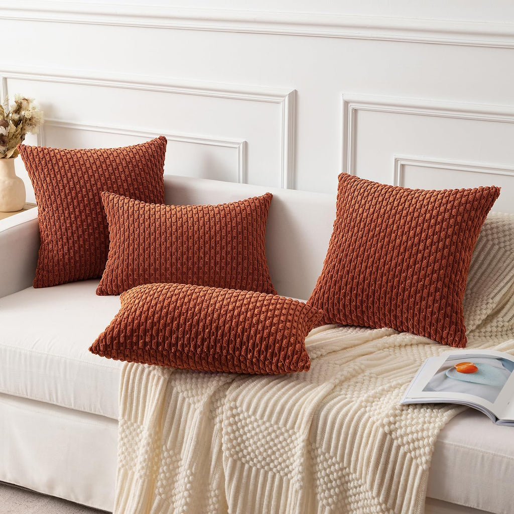 Kevin Textile Fall 12x24 Inch Pillow Cover 1 Pack Boho Decorative Soft Striped Corduroy Lumbar Farmhouse Solid Color Accent Rectangle Cushion Case for Living Room Couch Sofa Bed, Rust