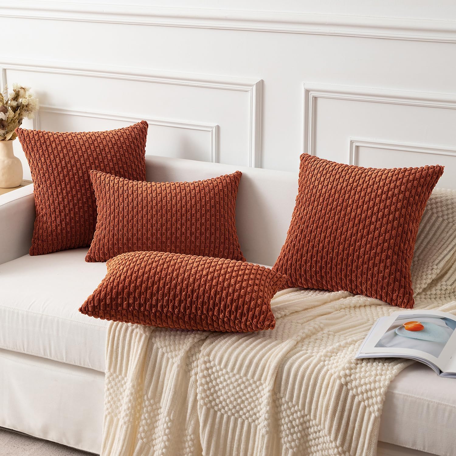 Kevin Textile Fall 12x24 Inch Pillow Cover 1 Pack Boho Decorative Soft Striped Corduroy Lumbar Farmhouse Solid Color Accent Rectangle Cushion Case for Living Room Couch Sofa Bed, Rust