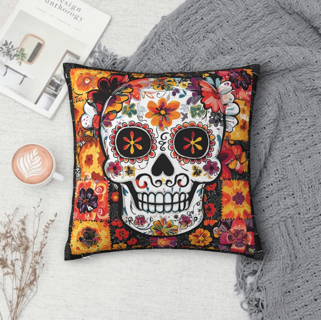 Throw Pillow Covers 20x20 Set of 2, Sugar Skull Cushion Covers, Decorative Square Pillowcases for Couch, Bedroom, Living Room