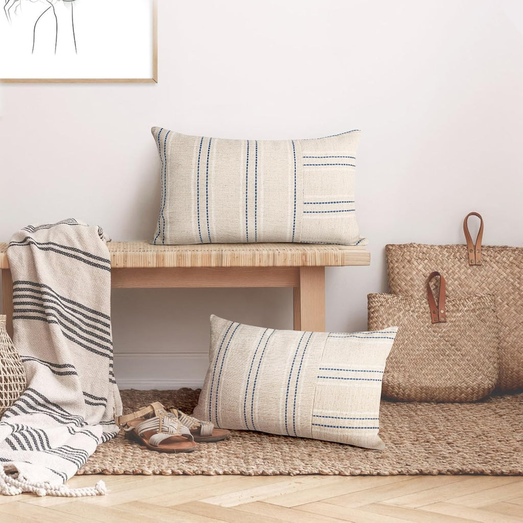 AELS 12x20 Decorative Farmhouse Linen Throw Pillow Covers, Boho Rectangle Lumbar Pillow Case, Set of 2, Beige with Navy Blue Stripe Patchwork Cushion Cover for Sofa Couch Living Room (Cover ONLY)