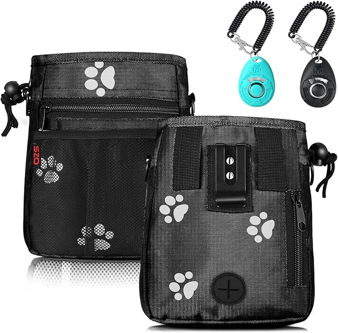 Dog Treat Pouch - 3 Ways to Wear Treat Pouches for Pet Training and 2 Pieces Clicker Taining for Dogs, Dog Training Treat Pouch Bag and Dog Clicker for Training with Waist Belt Shoulder Strap - Paws