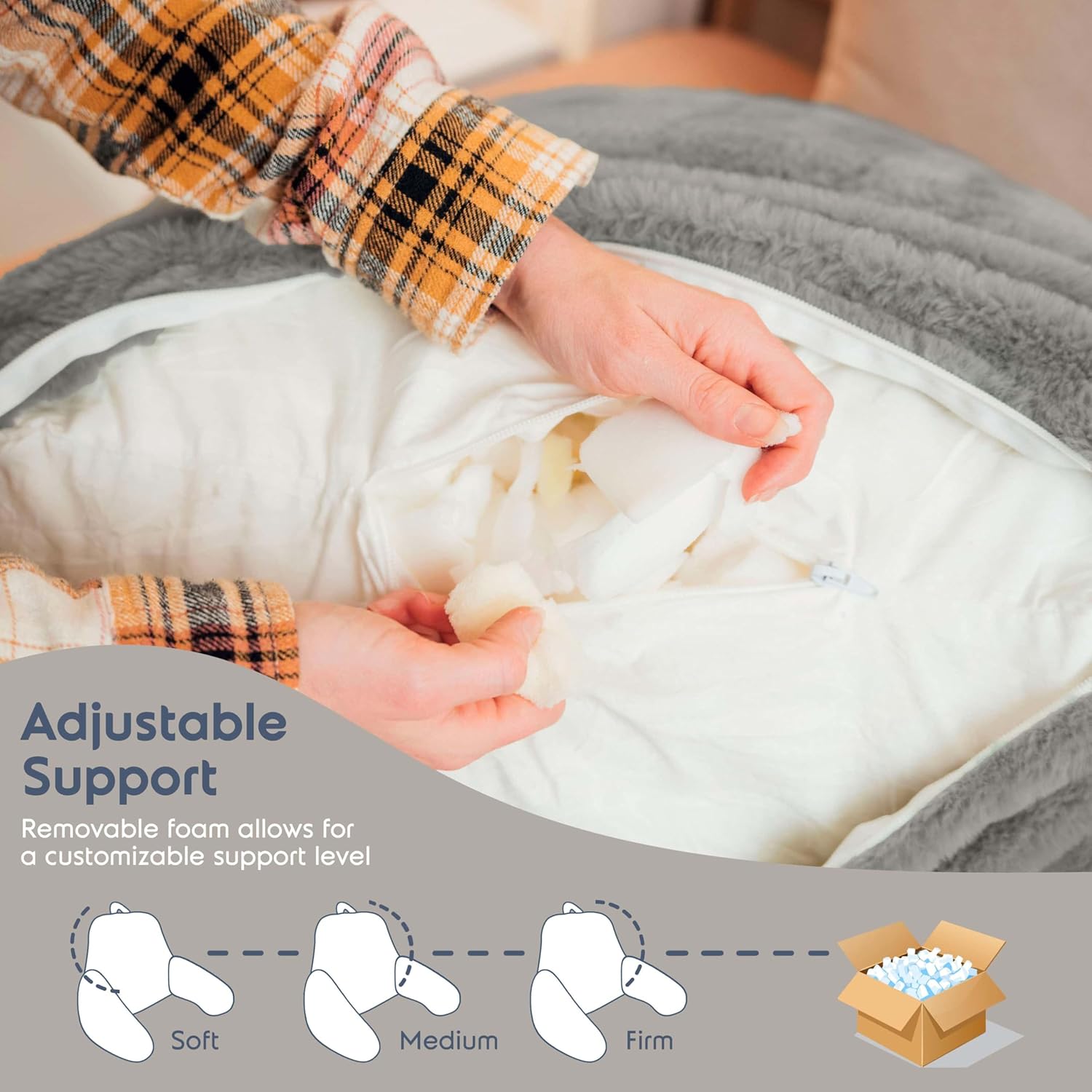 Nestl Fur Reading Pillow with Shredded Memory Foam, Stylish Back Pillow for Bed Sitting Up, Faux Fur Reading Pillows for Sitting in Bed Adult & Kids, Sit Up Back Support Pillow with Arms - Dark Grey