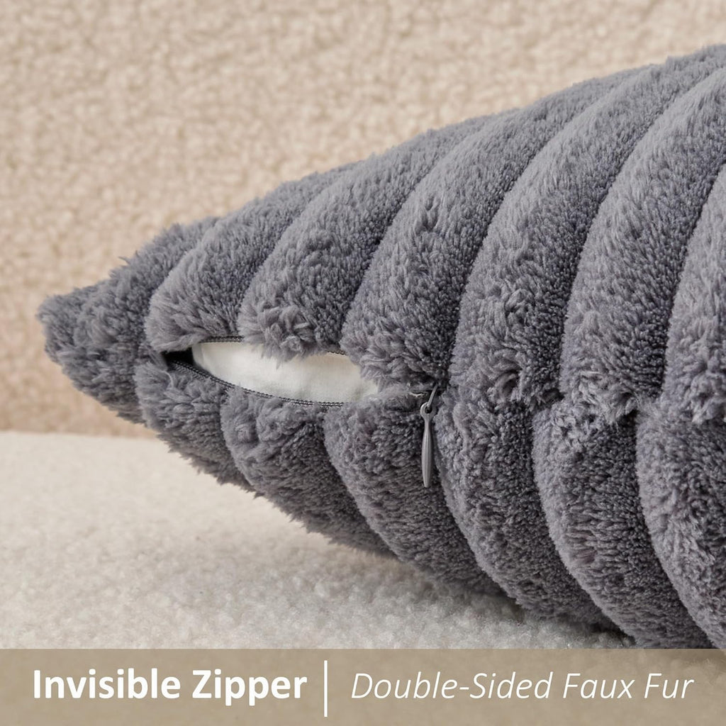 Kevin Textile Soft Plush 12x24 Inch Lumbar Pillow Cover 1 Pack, Luxury Fluffy Faux Fur Striped Flannel Rectangle Cushion Case for Couch Sofa Chair Bed Home Decor, Dark Grey