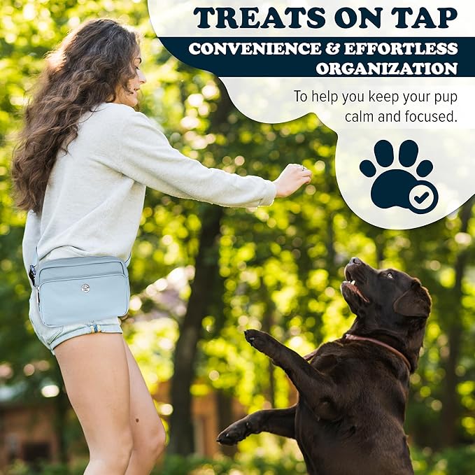 Puppington 3-in-1 Crossbody Dog Walking Bag & Treat Pouch with Matching Planet Safe Poop Bags & Built-In Dispenser - Dog Mom Gift for Puppy Training with Zippered Pockets (Ice Blue)