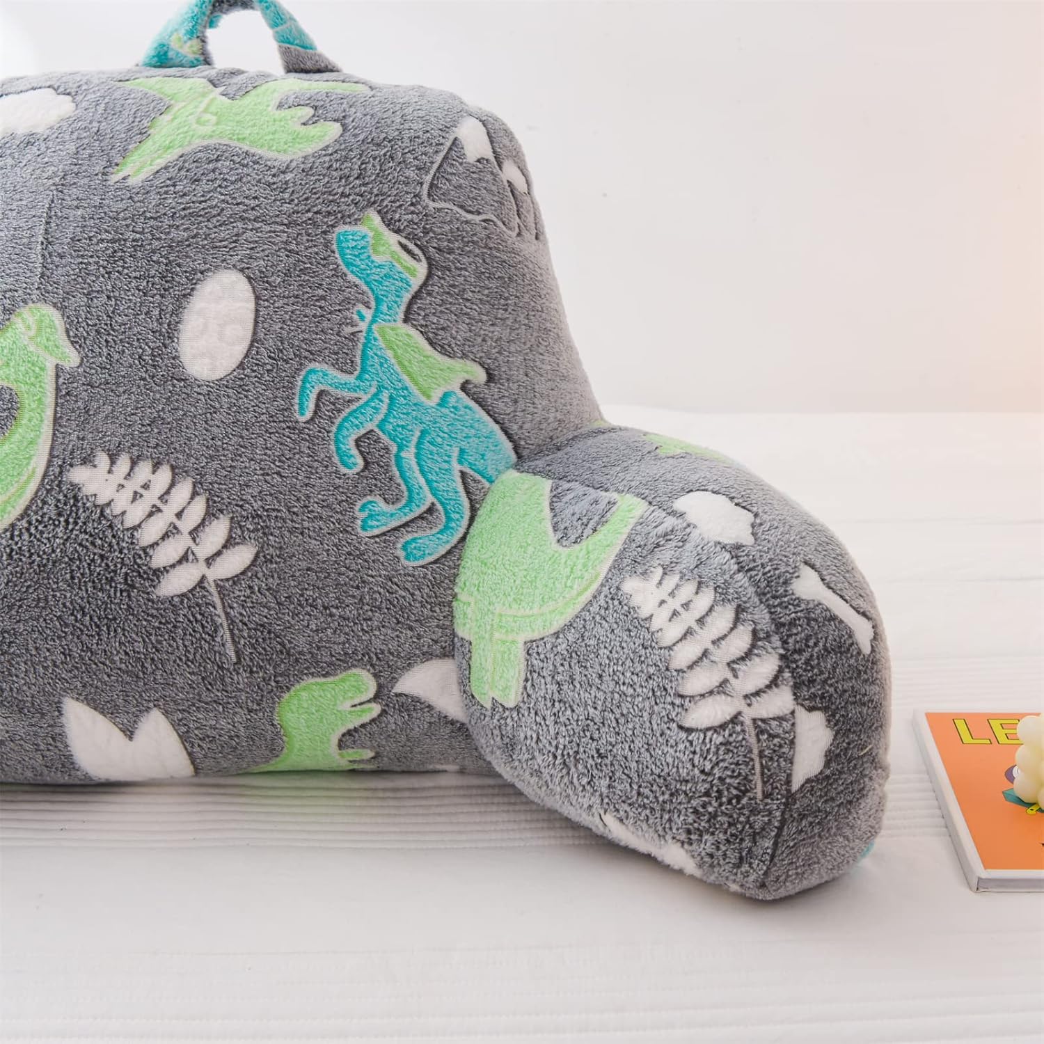 Meeting Story Glow in The Dark Green Dinosaur Luminous Reading Pillows Sparkling with Arms Back Pillow for Bed, Bed Rest Pillow for Adults Teens, Kids, (Blue-Green)