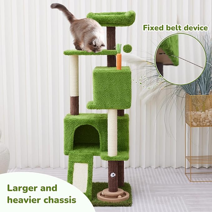 55in Tall Cat Tree Tower with Cat Toys for Indoor Multi-Level Cozy Large Cat Tree with Condo Top Perch and Sisal Scratching Posts, Green Cat Tower for Kitty and Adult Cats