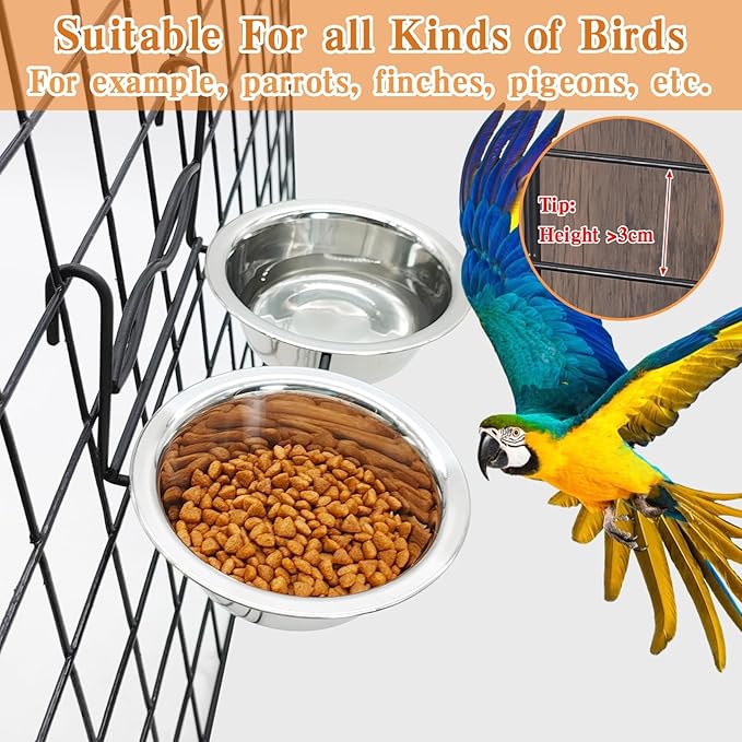 kathson Hanging Bird Bowls for Cage, 2 PCS Stainless Steel Metal Pet Food Water Dishes with Holder Feeder Cage Coop Hook Feeder Cups for Birds, Parrots, Small Sized Dogs and Cats(5.1 Inch Dia)