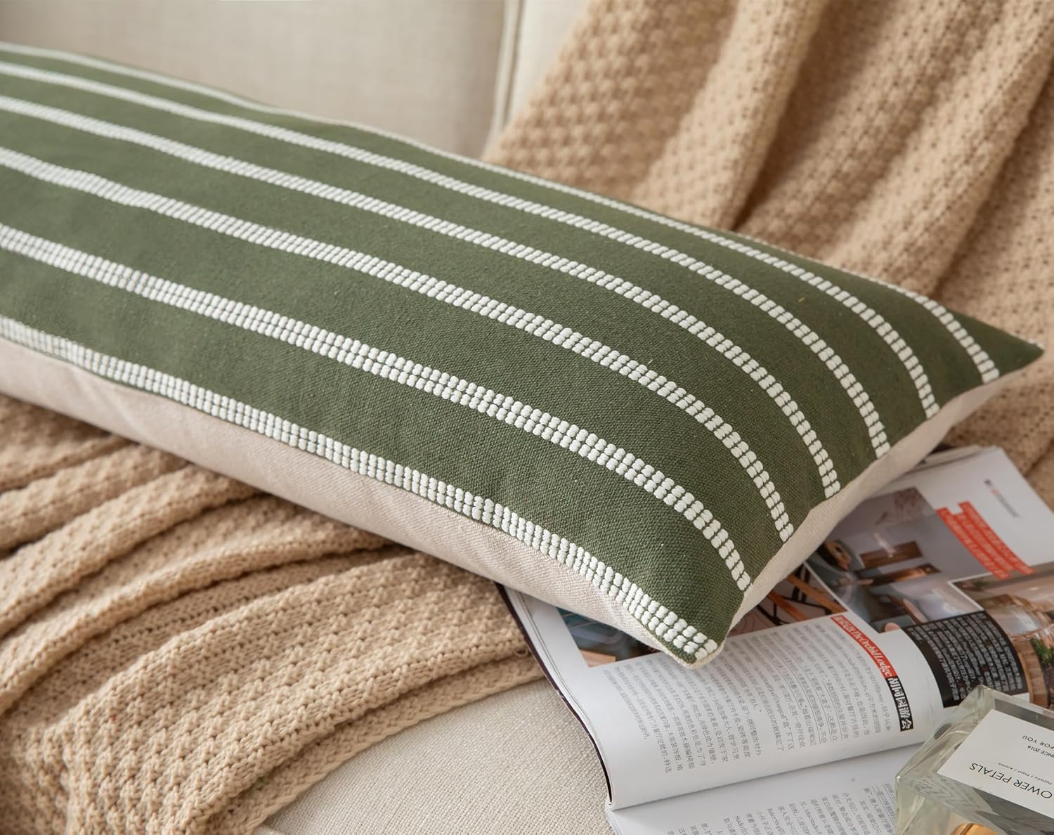Caflife Boho Lumbar Throw Pillow Cover 14X36 Long Soft Farmhouse Decorative Couch Pillow Cases Green Striped Body Pillow Covers Neutral Cushion Covers for Sofa Bed Living Room Home Decor Pack of 1