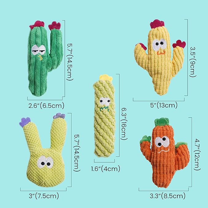 5 Pack Cactus Catnip Toys, 100% Pure Organic Catnip Filled Toys for Indoor Cats, Interactive Plush Chew Fun Without Cotton, Teething Soft Pet Toys for Kittens Kitty