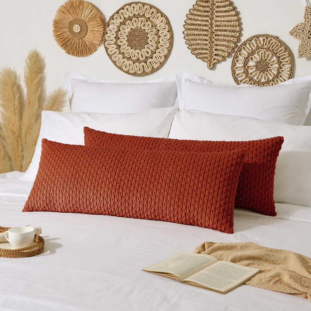 Kevin Textile Fall 14x36 Inch Long Lumbar 1 Pack Boho Decorative Throw Pillow Cover Soft Striped Corduroy Rectangle Cushion Case Farmhouse Solid Accent for Living Room Couch Sofa Bed, Burnt Brick