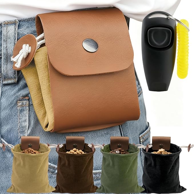 Dog Treat Pouch with Training Clicker & Whistle - Stylish & Portable Large-Capacity Foldable Pet Training Pouch with Wlastic Belt for Outdoor Use/Pet Training (Khaki)