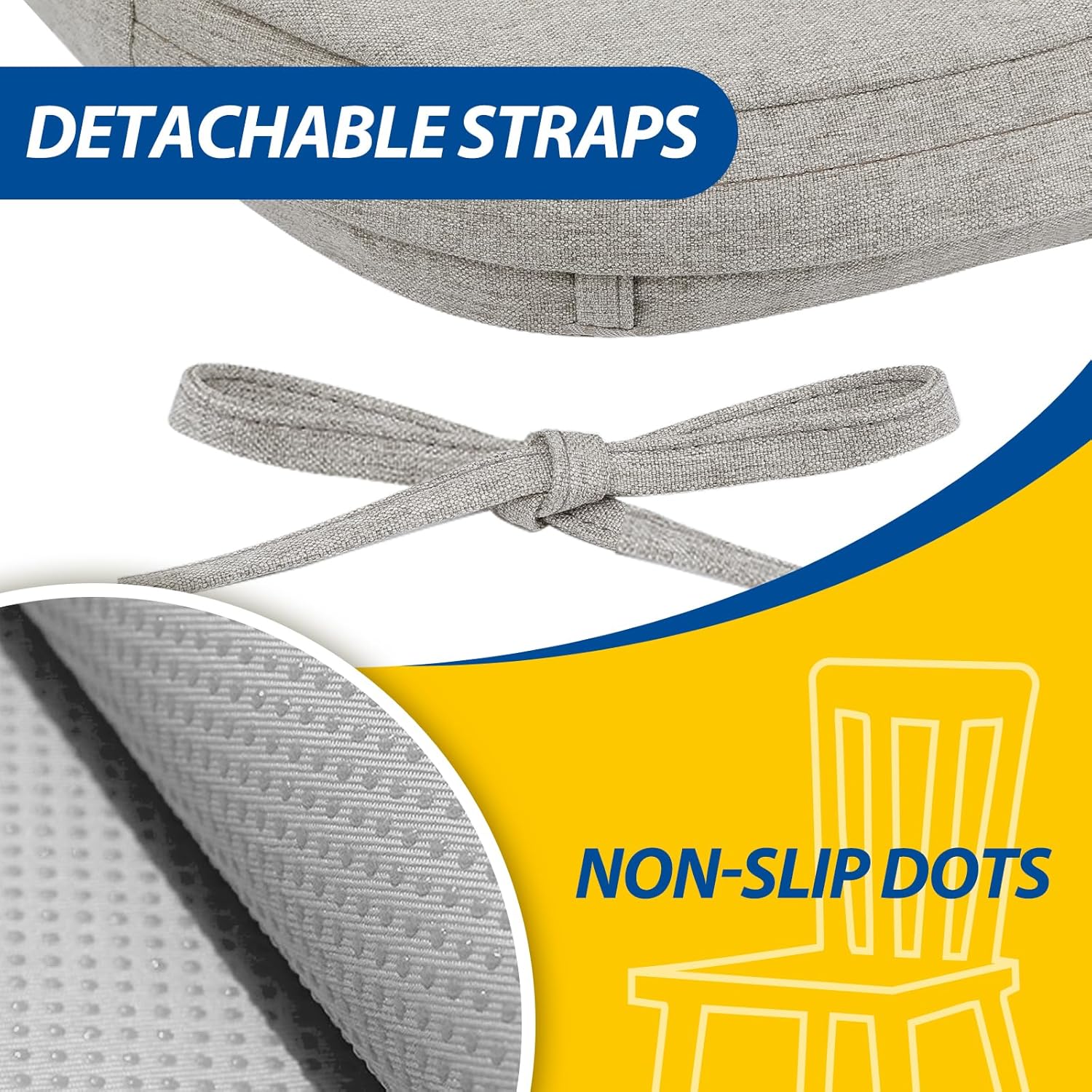 AAAAAcessories D-Shaped Chair Cushions, 2" Thick Dining Chair Pads with Ties and Removable, Machine-Washable Cover, 17" x 16", Set of 2, Khaki Gray