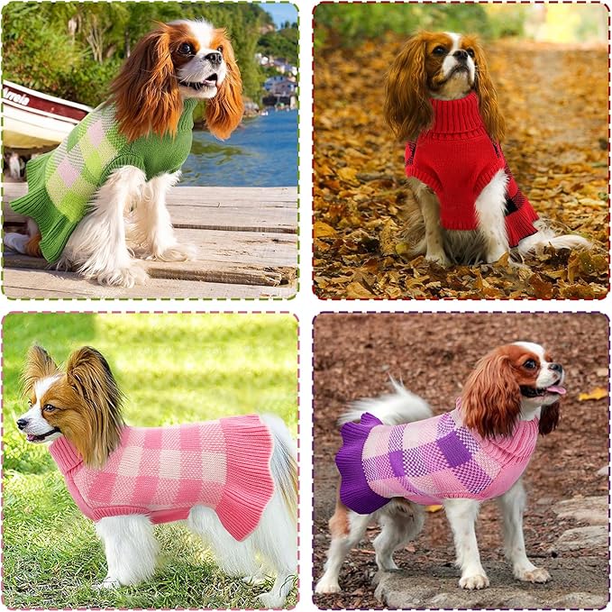 Dog Sweater Dress Plaid Knitwear for Small Medium Dogs Warm Puppy Pet Turtleneck Stretch Pullover Cute Fall Winter Vest Clothes with Leash Hole for Christmas (Red, M)
