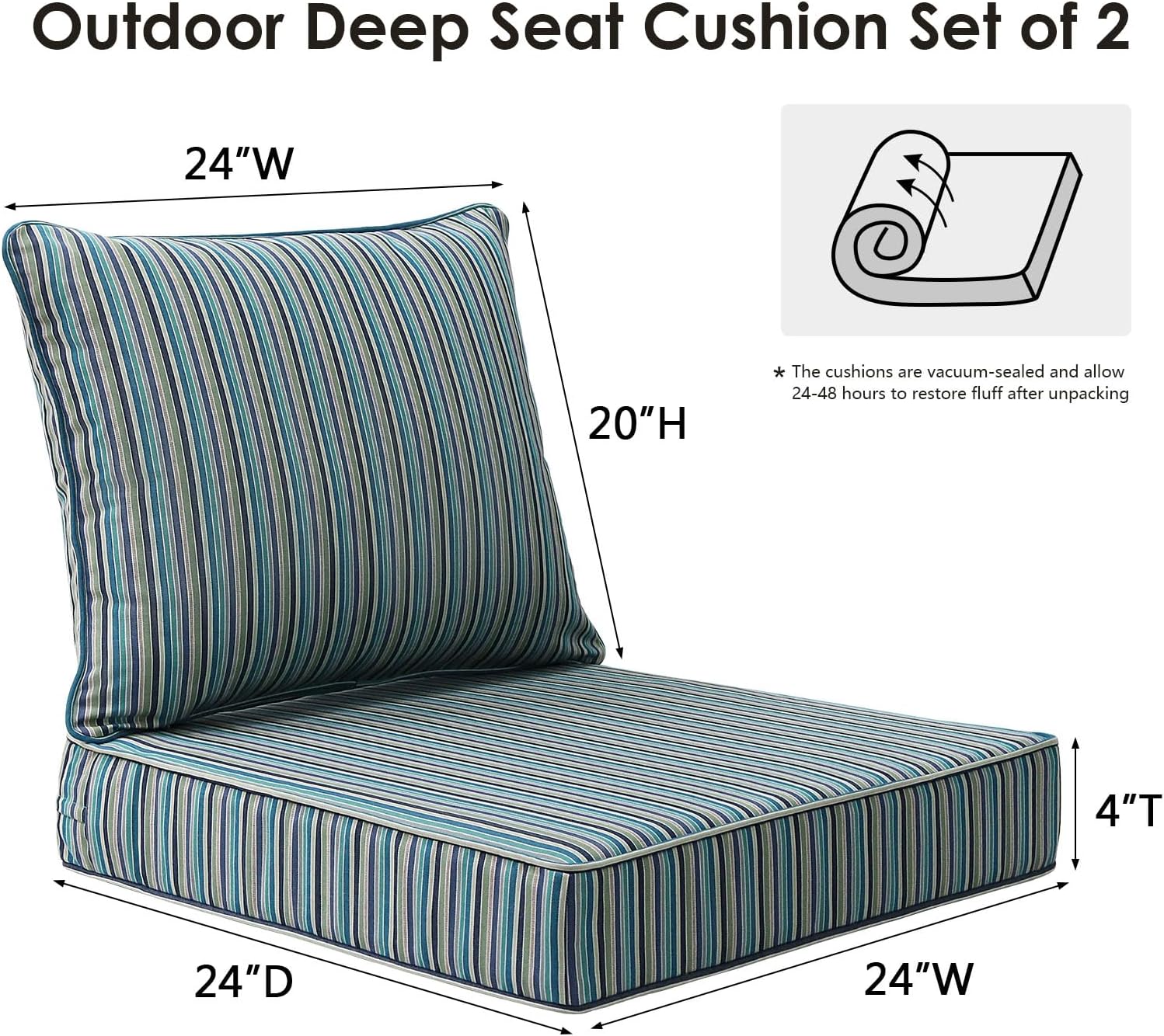 Sunbrella Outdoor Patio Chair Cushions Set, 24" x 24", Set of 2, Water-Repellent, Fade Resistant, Deep Seat Cushion for Backyard, Couch, Sofa and Patio Furniture, Swell Turquoise