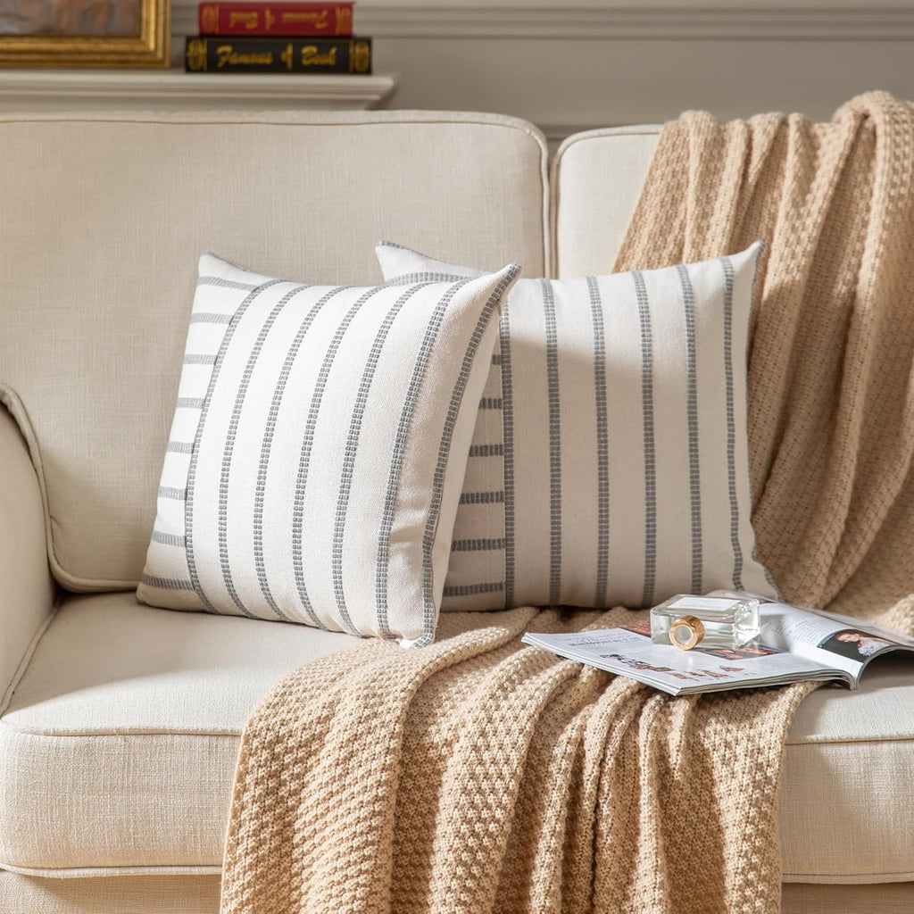 Caflife Boho Throw Pillow Covers 20x20 Set of 2 Soft Farmhouse Decorative Couch Pillow Cases Grey Striped Pillow Covers Neutral Cushion Covers for Sofa Bed Living Room Home Decor