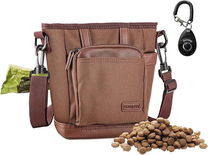 BEAU&FUR Large Dog Treat Pouch with Clicker for Training – 4 Cup Capacity, Built-In Poop Bag Dispenser, Expandable Pocket, Metal Buckle, Large Back Pocket, Ideal for Walks and Training – Dark Brown