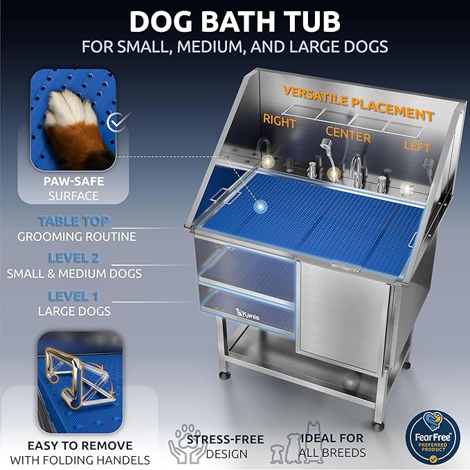KANIS Professional Dog Washing Station - 304 Stainless Steel Pet Wash Sink & Grooming Bathtub w/Shower, Floor Grates and Storage for Large, Medium & Small Pets (40", Shelf - Right Ramp)