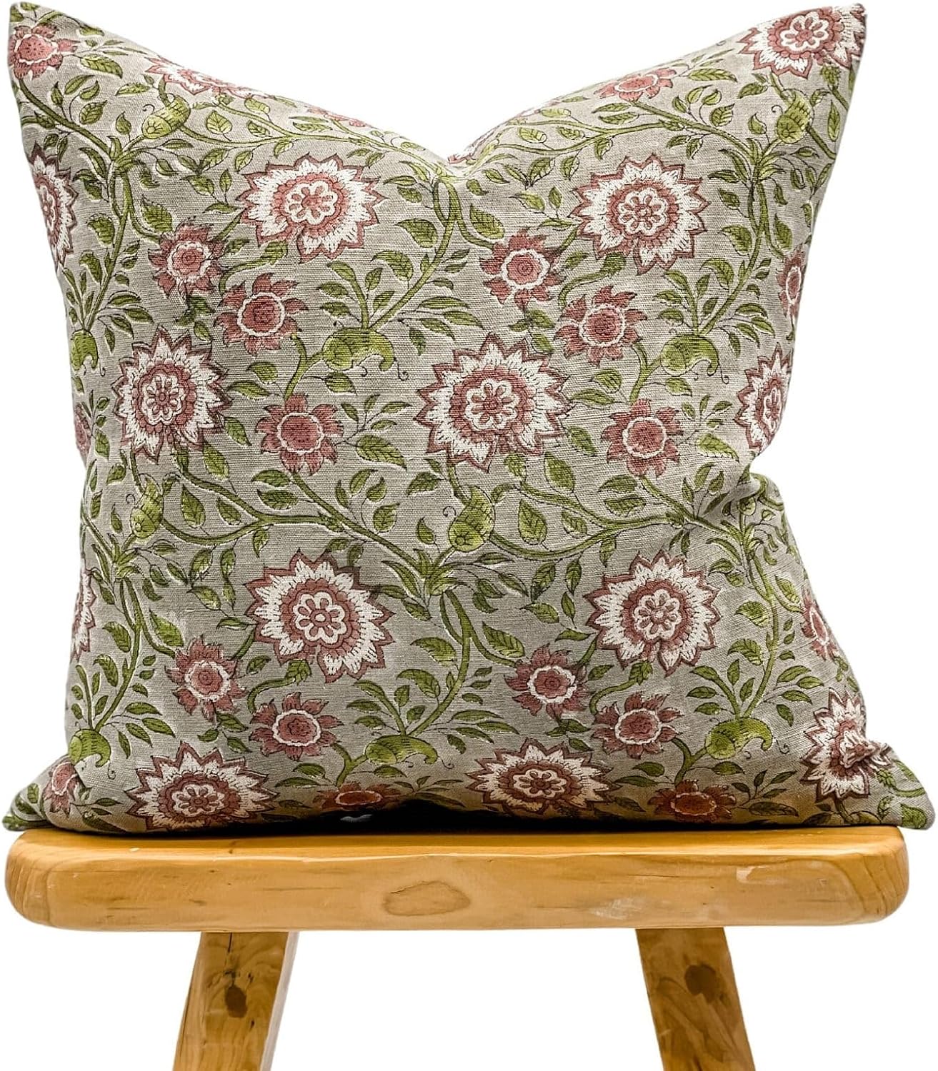 Designer Flowers Printed on Natural Linen Pillow Cover | Grey Green and Dusty Rose Pillow | Boho Pillow, Decorative Throw Pillow Covers, Floral Pillow (Green & Rose, 16x24)