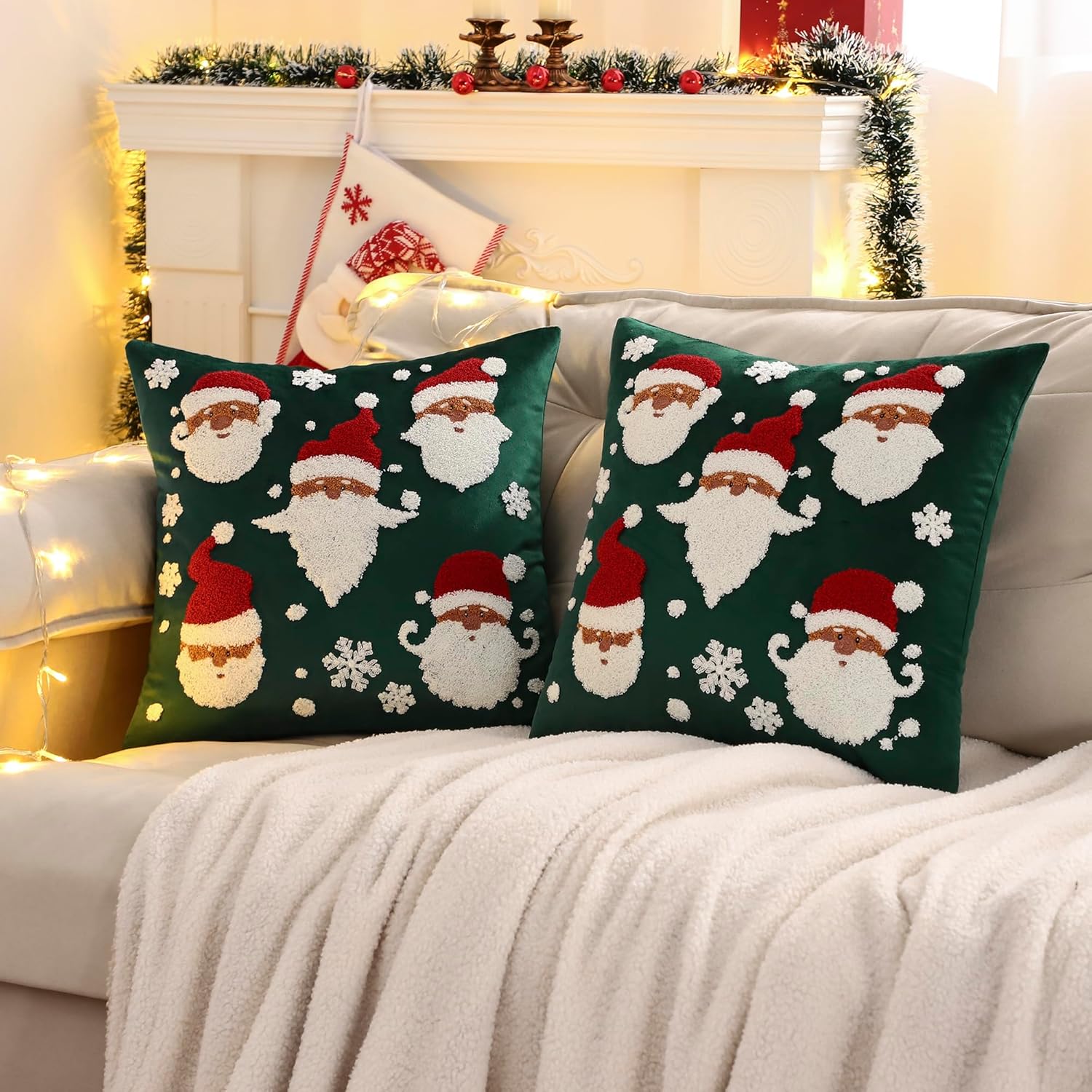 LUOYEHK Christmas Santa Claus Pillow Covers 18x18 Set of 2 Velvet Green Pillow Cases Winter Holiday Embroidered Cushion Covers for Couch Sofa Bed