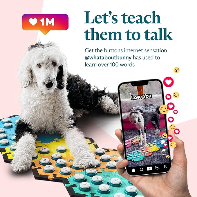 FluentPet Speak Up! Get Started Kit with Clearer Upward-Facing Sound | 6 Recordable Buttons w/Pre-Installed Batteries & 3 HexTile Button Mats | Training Dog & Cat Communication Buttons