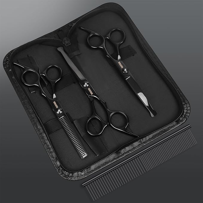 Dog Grooming Scissors Kit with Safety Round Tips, GEMEK Professional 5 in 1 Grooming Scissors for Dogs (Black 5 in 1)