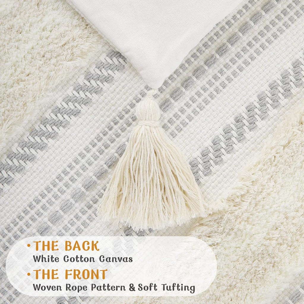 decorUhome Decorative Boho Throw Pillow Covers 20x20 Set of 2, Accent Neutral Textured Tufted Pillow Covers Striped for Couch Bed Sofa Living Room, Beige and Cream White