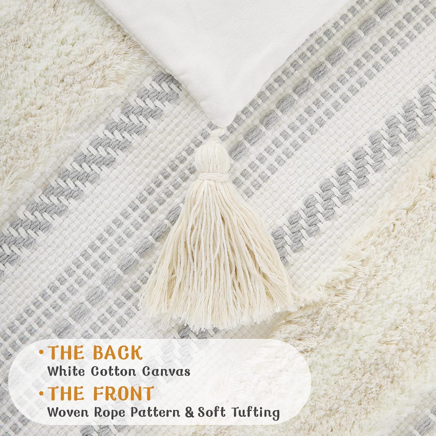 decorUhome Decorative Boho Throw Pillow Covers 20x20 Set of 2, Accent Neutral Textured Tufted Pillow Covers Striped for Couch Bed Sofa Living Room, Beige and Cream White