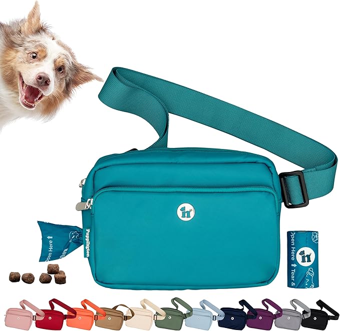 Puppington 3-in-1 Crossbody Dog Walking Bag & Treat Pouch with Matching Planet Safe Poop Bags & Built-In Dispenser - Dog Mom Gift for Puppy Training with Zippered Pockets (Lagoon Teal)