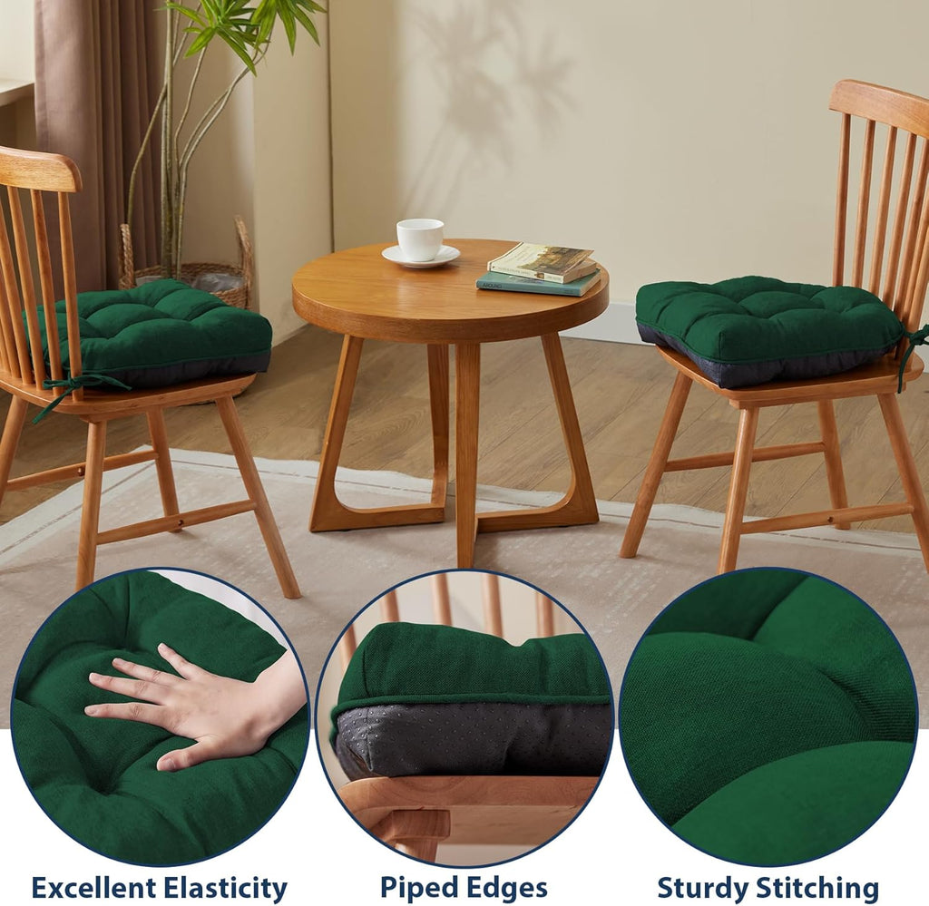 Chair Cushions for Dining Chairs, Seat Cushions for Kitchen Chairs, Indoor Seat Cushions with Ties, Tufted Foam Chair Pads, Non Slip Chair Cushions Set of 6, 15.5" x 15.5" x 4", Dark Green