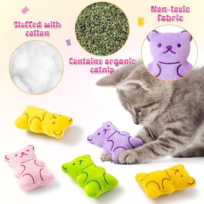 MALLMALL6 Catnip Toys for Cat - 5Pcs Gummy Colorful Bear Catmint Interactive Cat Toy for Indoor Cats, Soft Candy Kitten Supplies, Kitten Teething Chew Toy Set, Cute Pet Gifts for Cat Lover