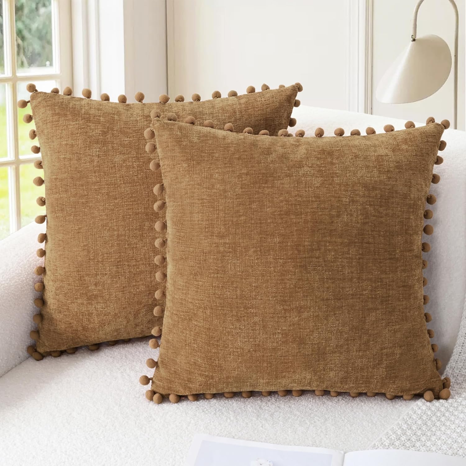 CaliTime Throw Pillow Covers Decorative 22 X 22 Inches Pack of 2 Cozy Solid Dyed Soft Chenille Cushion Cases with Pom Poms for Couch Sofa Bed Living Room Home Apricot Brown